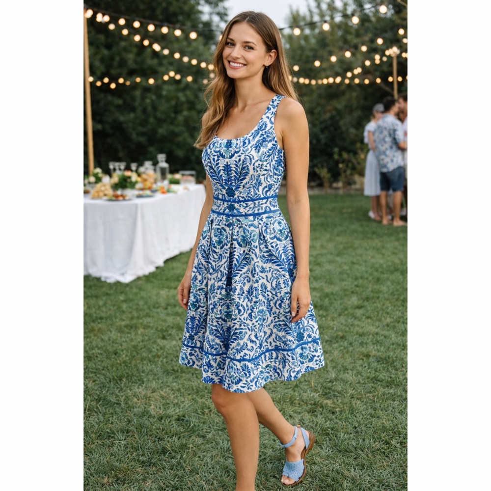 TORY BURCH RAMONA SUNDRESS FIT & FLARE LINEN SILK JACQUARD LINED SLEEVELESS 0
